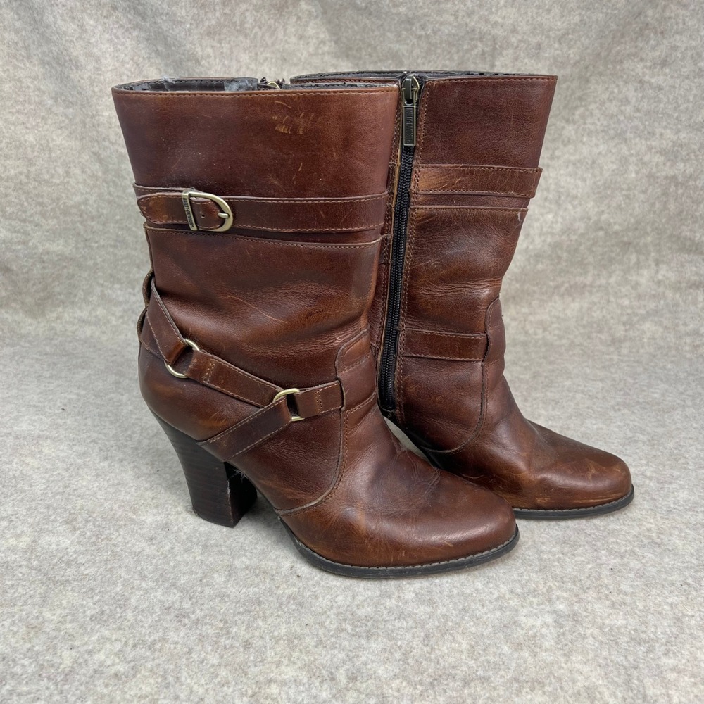 Harley Davidson Brown Leather Buckle Zip High Heeled Boots Womens 8.5 Motorcycle